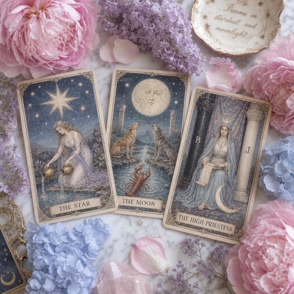 Cartas de tarot sobre seda rosa com cristais e flores de lilás